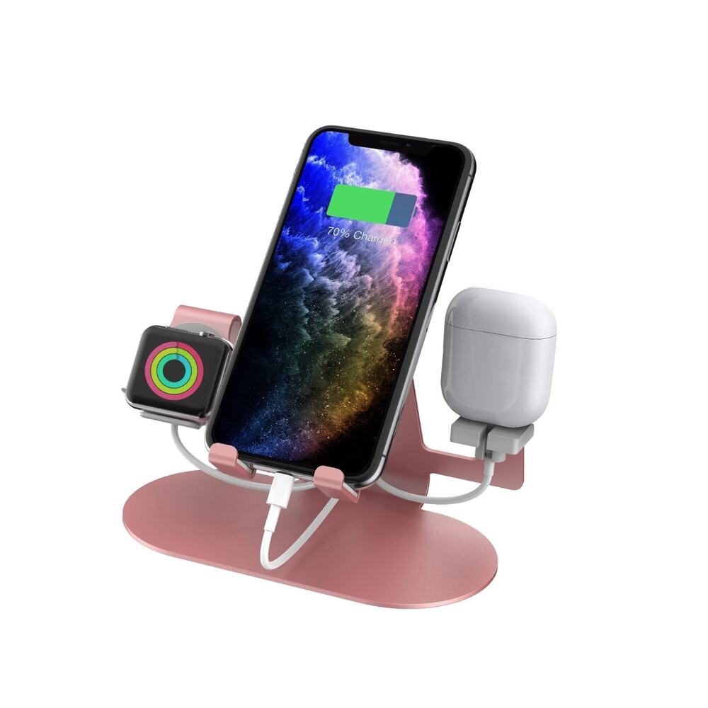 ALUMINUM 3 IN 1 CHARGING STAND FOR IPHONE, WATCH, & AIRPODS ADURO TRIO ROSE GOLD